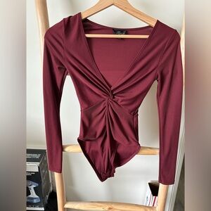 Topshop Vervet by Flying Monkey Long Sleeve Twist-Front Bodysuit in Burgundy